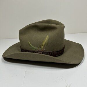 Vintage Stetson 3X Beaver Cowboy Hat Greenish Tan W Feather Size 7 1/4 Sheplers